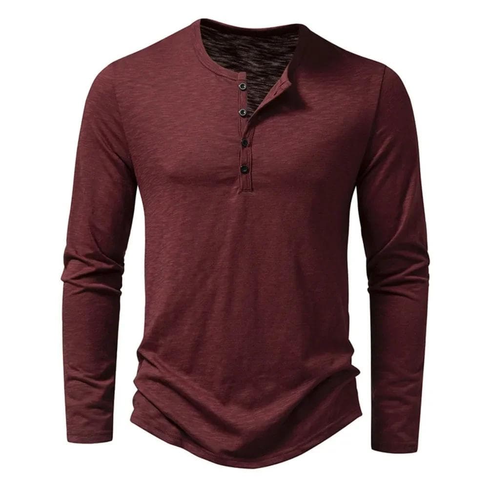Men's Cotton Button T-Shirt Henley neck Shirt Long Sleeve Casual Solid color T-Shirts L wine