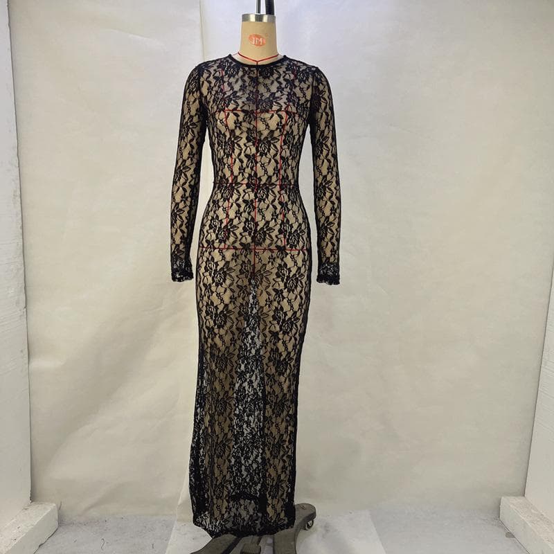 Women's Autumn and Winter New Solid Color Lace Perspective Long Sleeve Mid-length Dress for Women on Vacation XL black