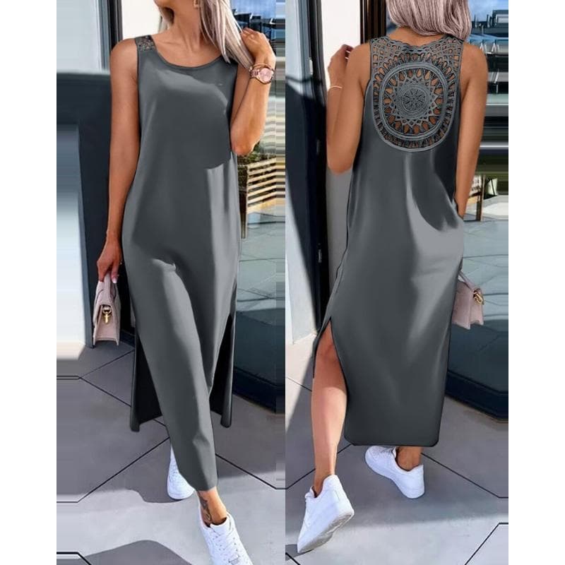 Women's Summer Hollow Solid Color Mid-length Dress M dark gray
