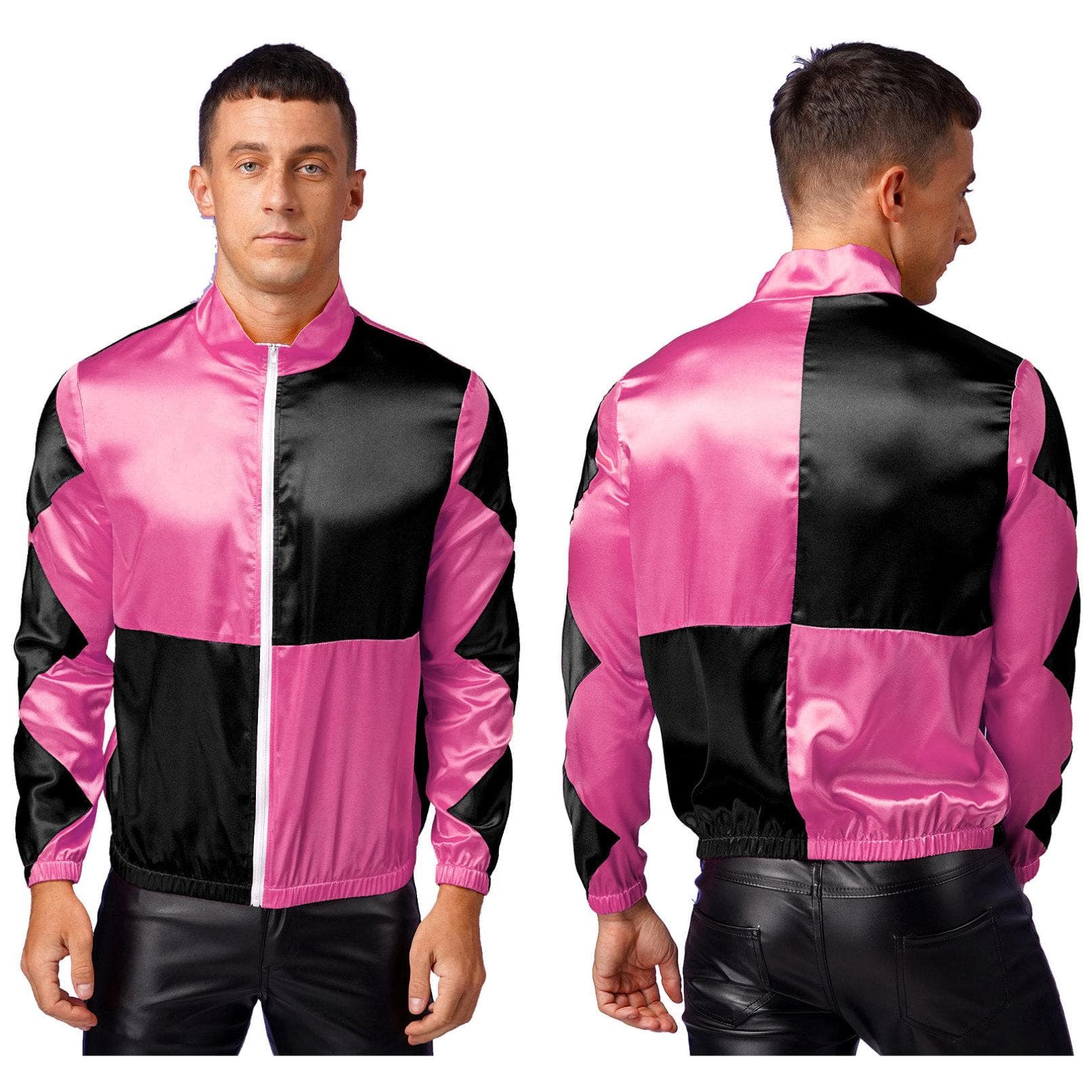 Men‘s Color Block Horse Jockey Costume Horse Rider Racing Outerwear Sports Stage Play Jacket 3XL hot pink/black