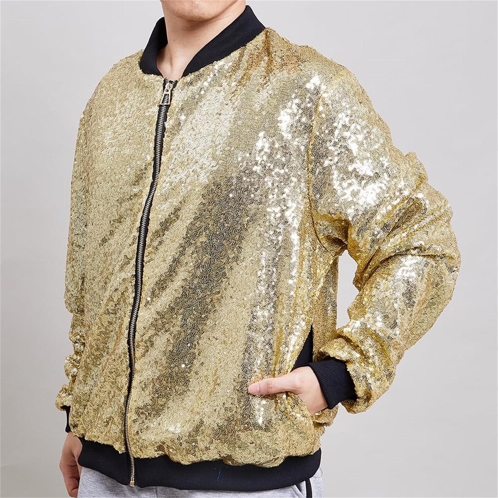Men's Sequin Jacket Party Coat Festive Outfit Flip Sequin Concert Baseball Uniform M gold