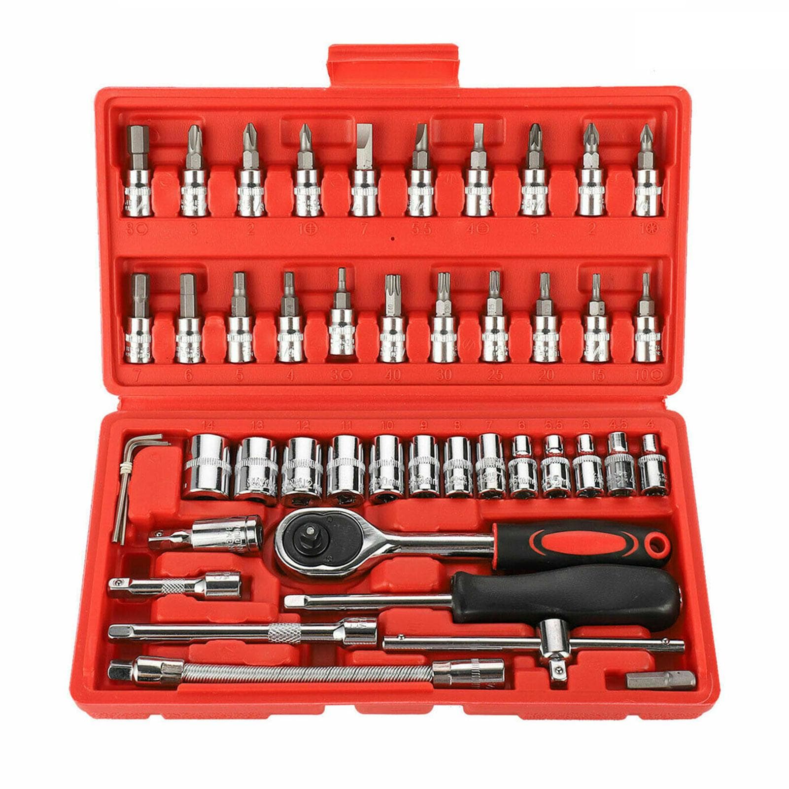 46Pcs Ratchet Wrench Socket Tools Set Metric 1/4 Drive Screwdriver with Box 46Pcs