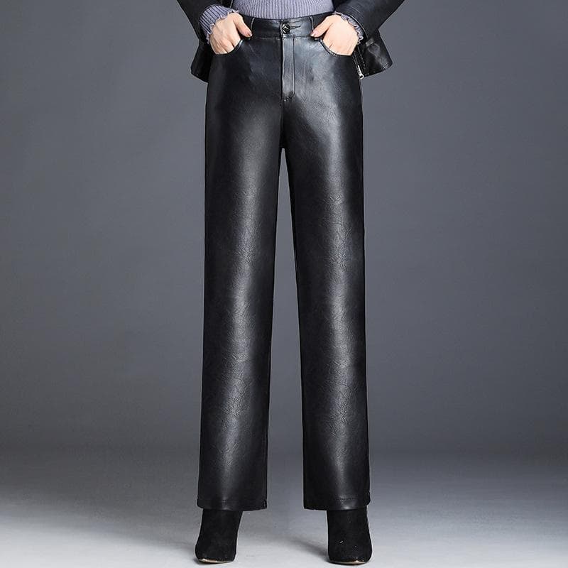 Autumn and Winter Women's Fashion Leisure Thin High Waist Wide Leg Leather Pants Simple and Versatile Floor Dragging Straight Pants L black