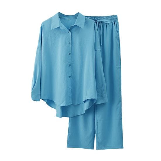 2 Pcs/Set Autumn Blouse Pants Set Fabulous Cardigan Solid Color Daily Wear Clothes 5XL light blue