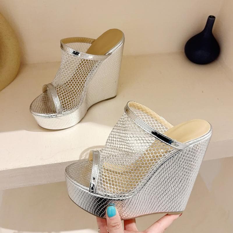Liyke Summer Breathable Mesh Women's 14CM Wedges Slippers Fashion Open Toe Gold Silver High Heels Platform Sandals Female Shoes 35 silver