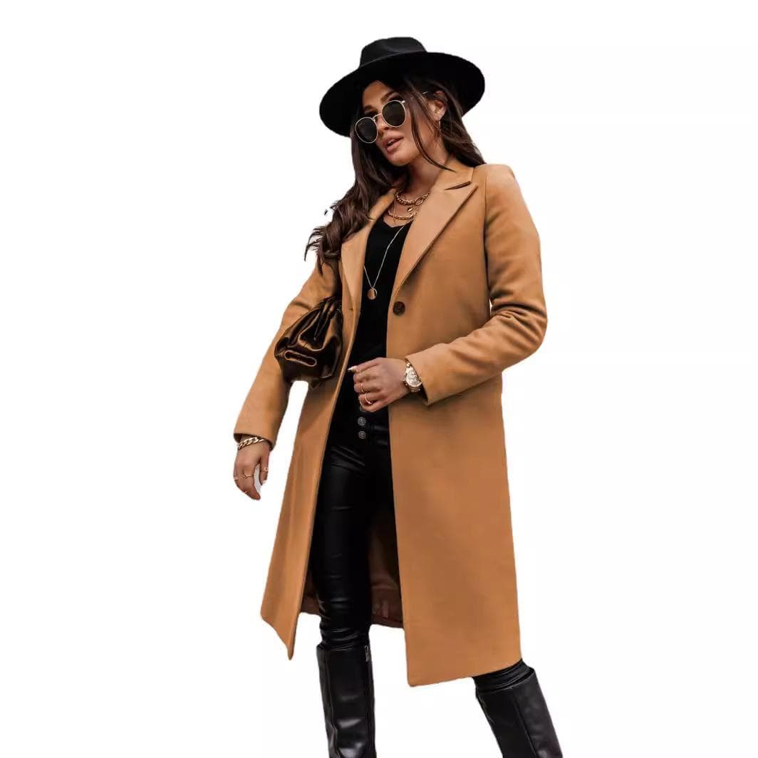 Autumn and Winter Solid Color Long-sleeved Suit Collar Woolen Coat Women's Clothing XXL