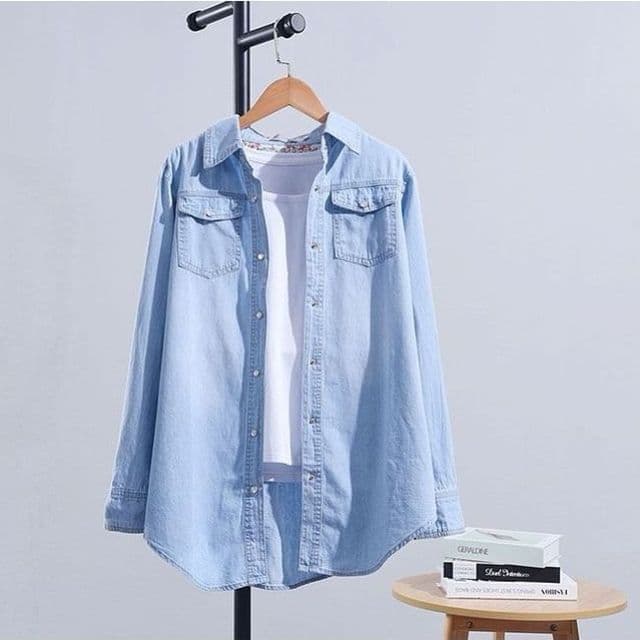 Women Shirt Denim Tops Casual Thick Pockets Single Breasted Button Up Lapel Long Sleeve Shirt XXL light blue