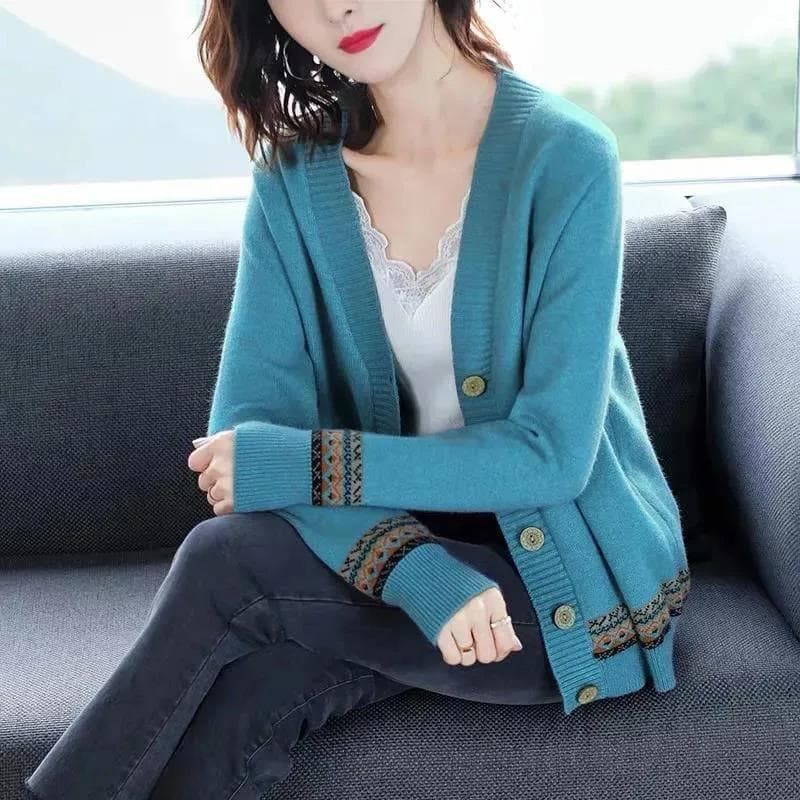 Women Vintage Cardigan Sweatrer Fall Soft Cotton Loose Knitted Hot Tide V-neck Thick Winter Casual Simple Jacket XXL turquoise