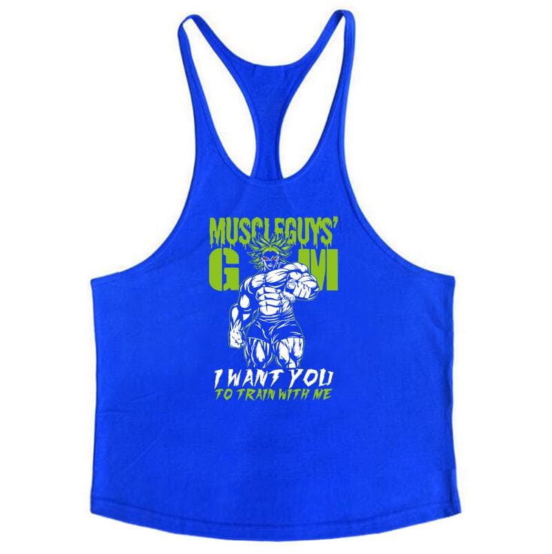 Men's European Size Elastic Cotton Sports Vest for Fitness & Bodybuilding L blue
