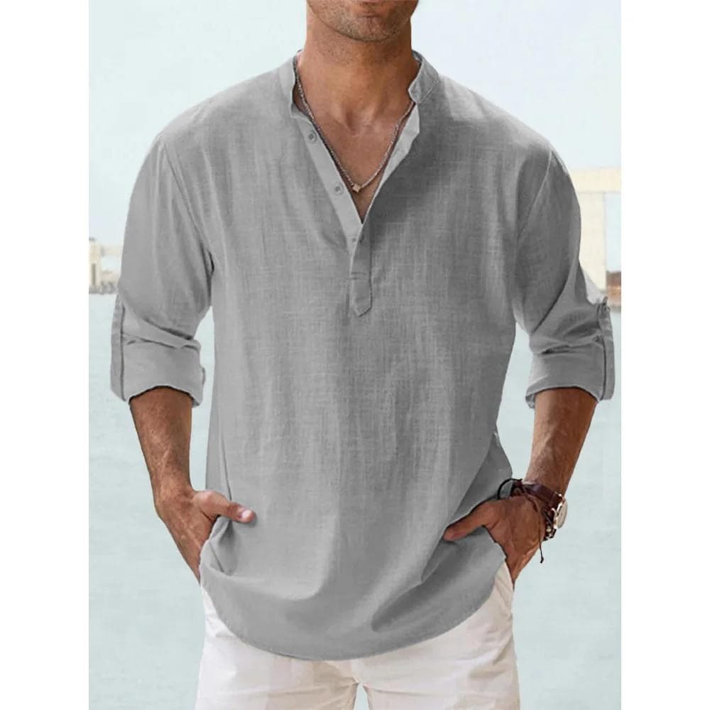 New Cotton Linen Shirts for Men Casual Shirts Lightweight Long Sleeve Henley Beach Shirts Hawaiian T Shirts for Men Streetwear US S 50-60 KG gray