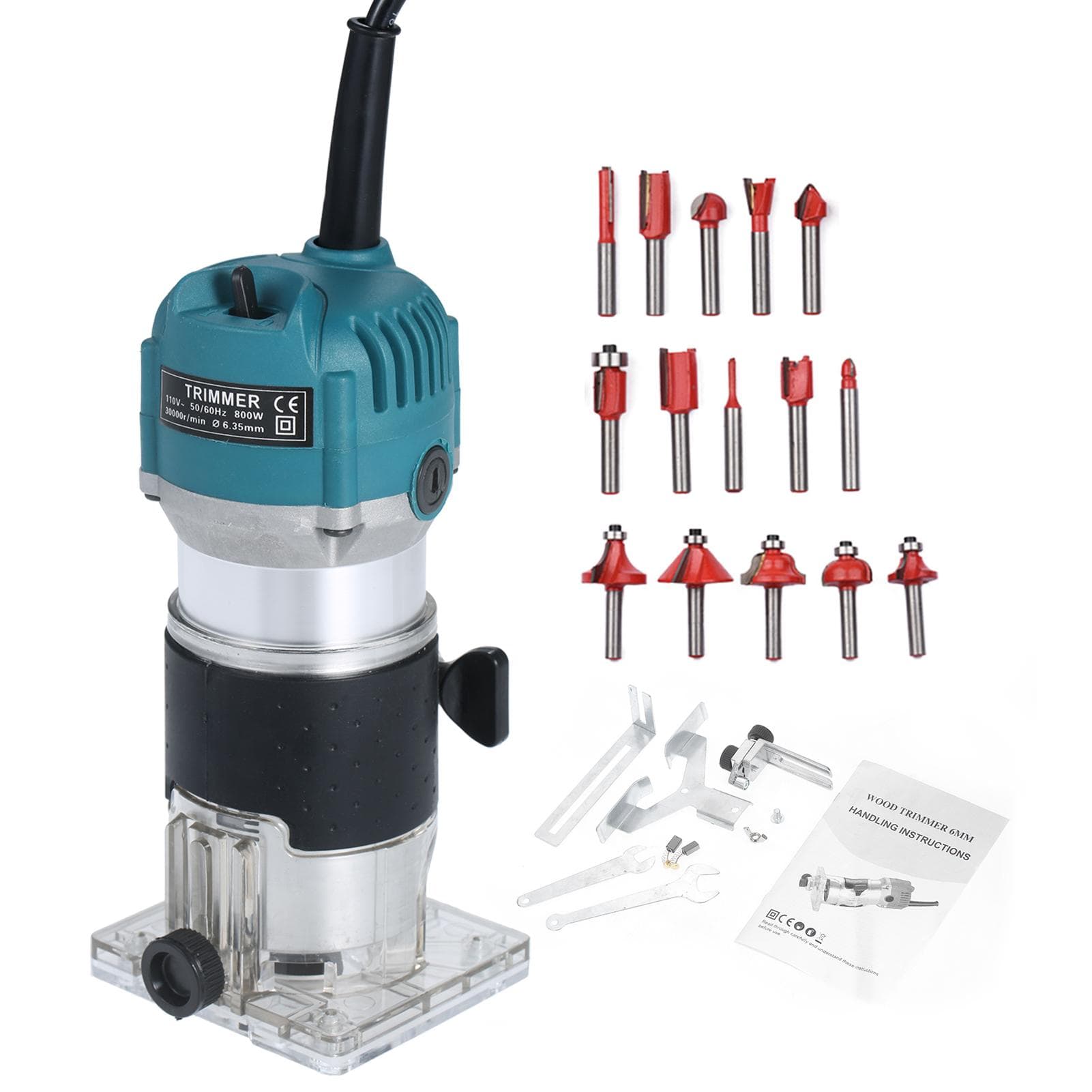 800W Compact Wood Router Tool  Set 220V Electric Trimmer Wood Router with 15pcs Router Bits US Plug