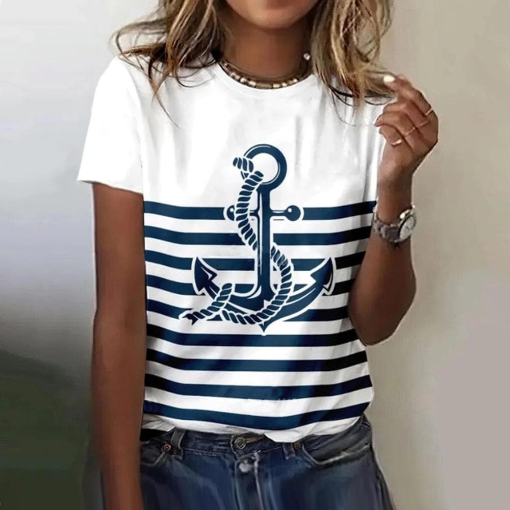 Summer Women T Shirt 3d Print Boat Anchor Print Fashion O Neck Short Sleeve Tees Tops Pullover Women's Casual Loose T-Shirt Y2k Clothing L