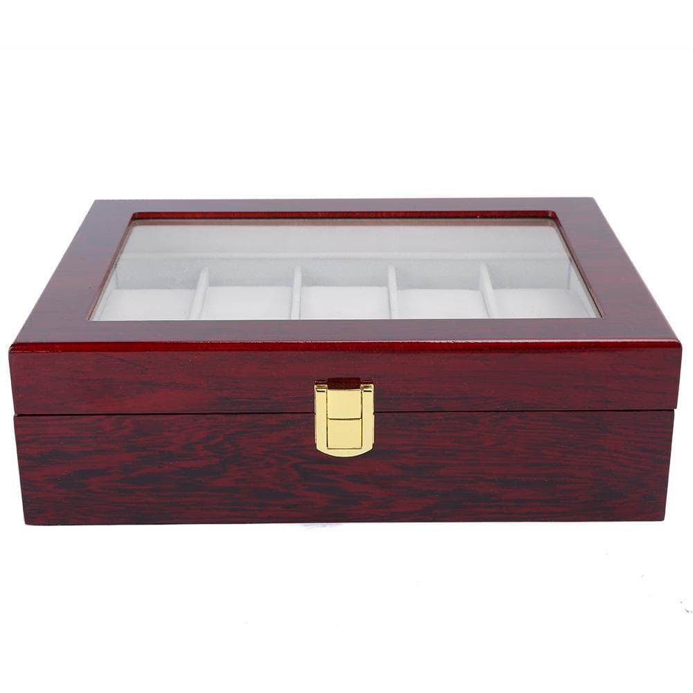 Wooden 10 Grid Watch Display Box Transparent Window Watch Storage Box (Red)
