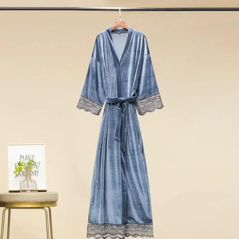 Long Velvet Robes with Lace Robe Women Bride Bridesmaid Kimono Bathrobe Party Soft Lady Wedding Homewear Warm Velvet Robe Gown One Size