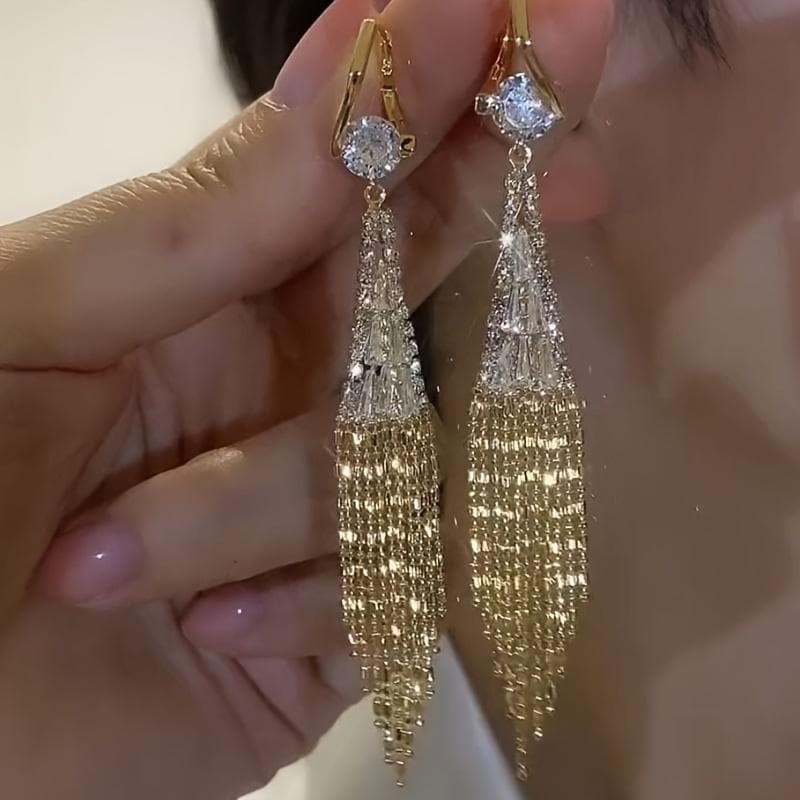 Elegant Dangle Earrings Sparkling Tassel Design Paved Shining Zirconia Match Daily Outfits Party Accessories Casual Dating Decor gold