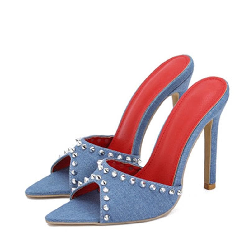 Liyke Summer Fashion Metal Rivet Designer High Heels Women Slippers Sexy Pointed Toe Party Stripper Shoes Mules Sandals 36 blue
