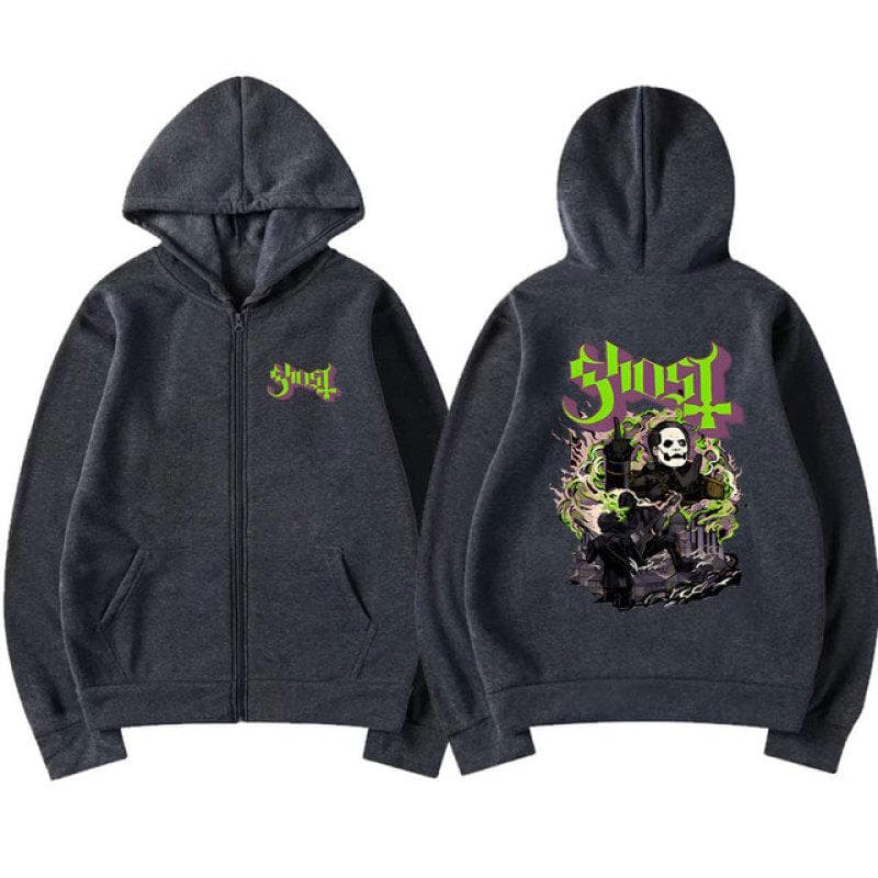 Ghost Band Zipper Hoodie Men Hip Hop Oversized Fashion Cartoon Anime Graphic Print Zip Up Hoodies Male Rock Gothic Sweatshirts XXXL grey