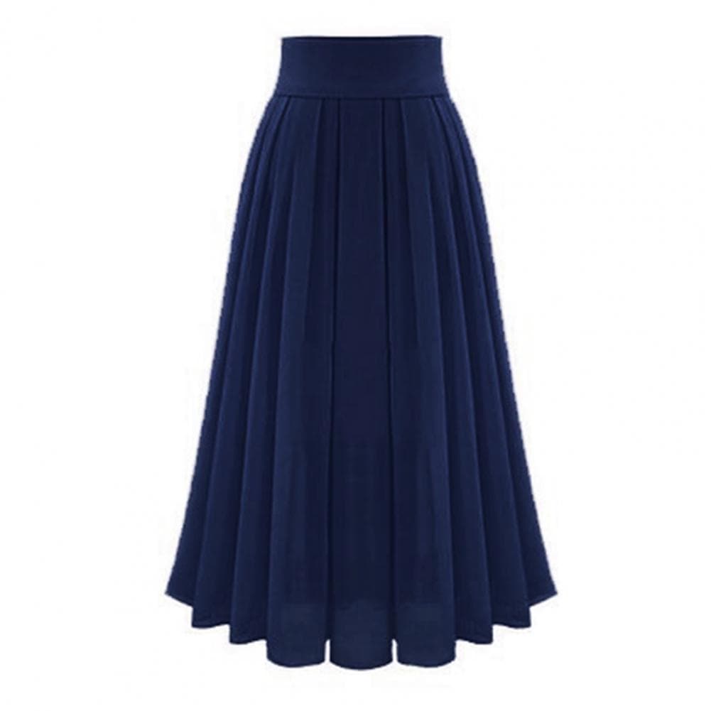 Women Skirt High Waist Pleated Loose Solid Color Elastic Waist Soft Double-layered Mid-calf Length Lady Prom Party Daily Midi Sk S dark blue