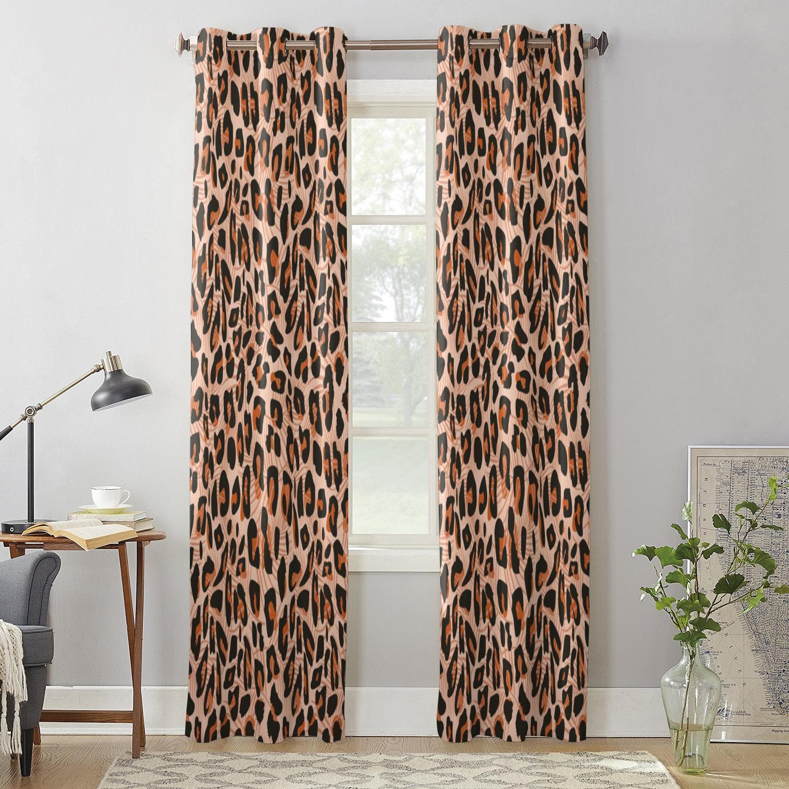 Leopard Print Leaves Graphics Windows Curtains Living Room Bedroom Window Treatments Household Kitchen Curtains 135W x 160H(cm) x2