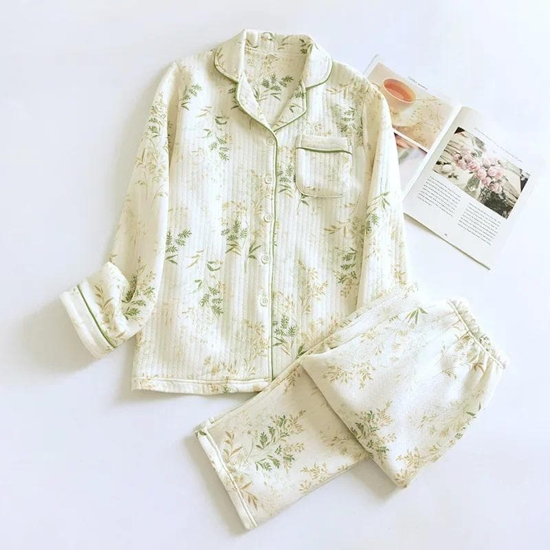 Autumn/Winter New Women's Pajama Set Long Sleeve Long Pants Two Piece Set Simple Air Layer Three Layer Warm Home Clothes 2XL