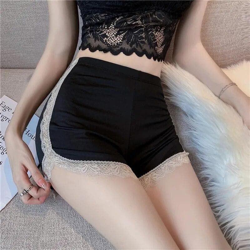 Women Ice Silk Lace Slip Shorts for Under Dresses Mid-Rise Anti-Chafing Boyshorts Traceless Underwear Short Leggings One Size black