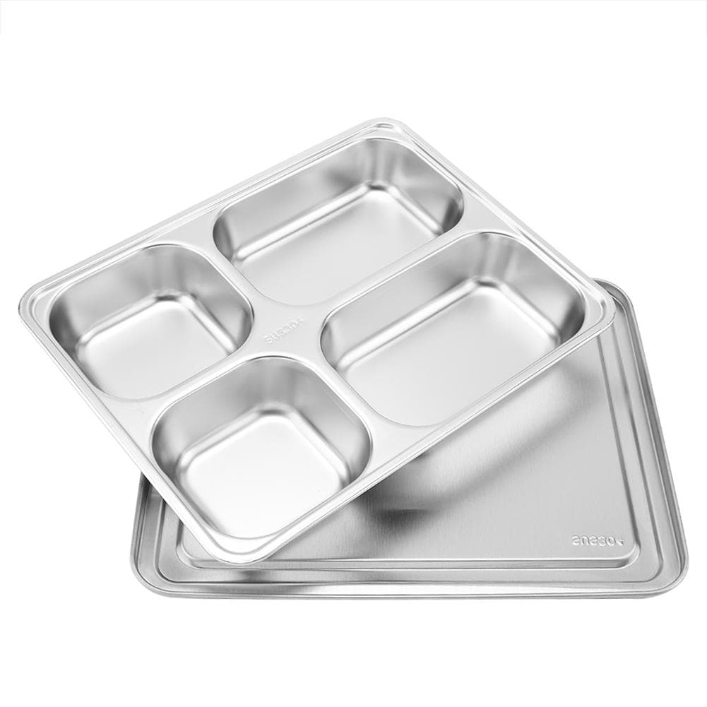 Stainless Steel Food Serving Tray Canteen Lunch Box with Cover(4 Divided)