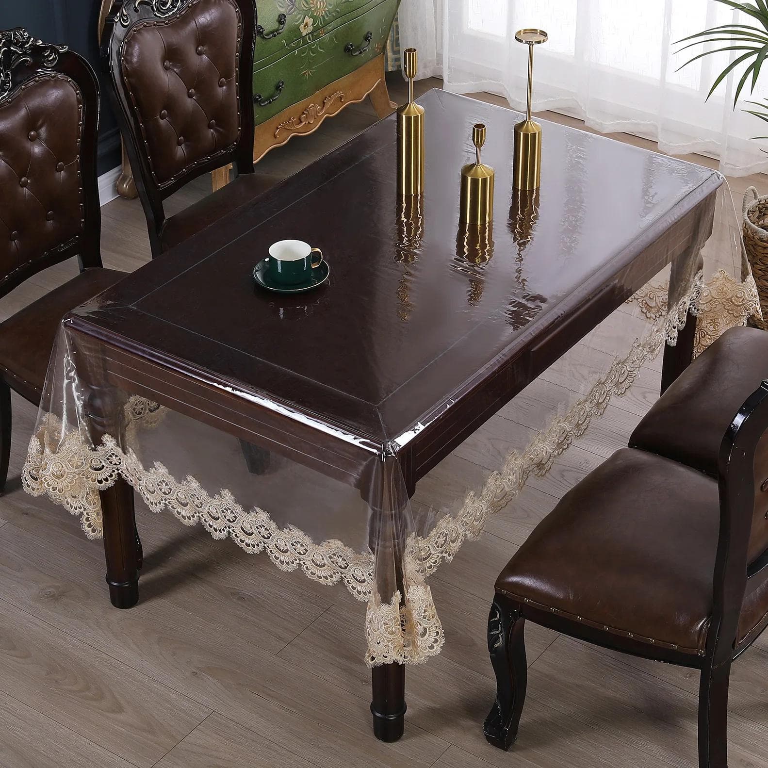 Transparent PVC tablecloth Waterproof, oil proof clear coffee table table mat Washable and non slip tablecloth lace edge 85x85cm
