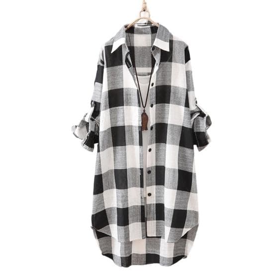 Women Shirt Plaid Print Contrast Color Irregular Hem Single-breasted Long Sleeve Lapel Oversized Soft Breathable Top M black white