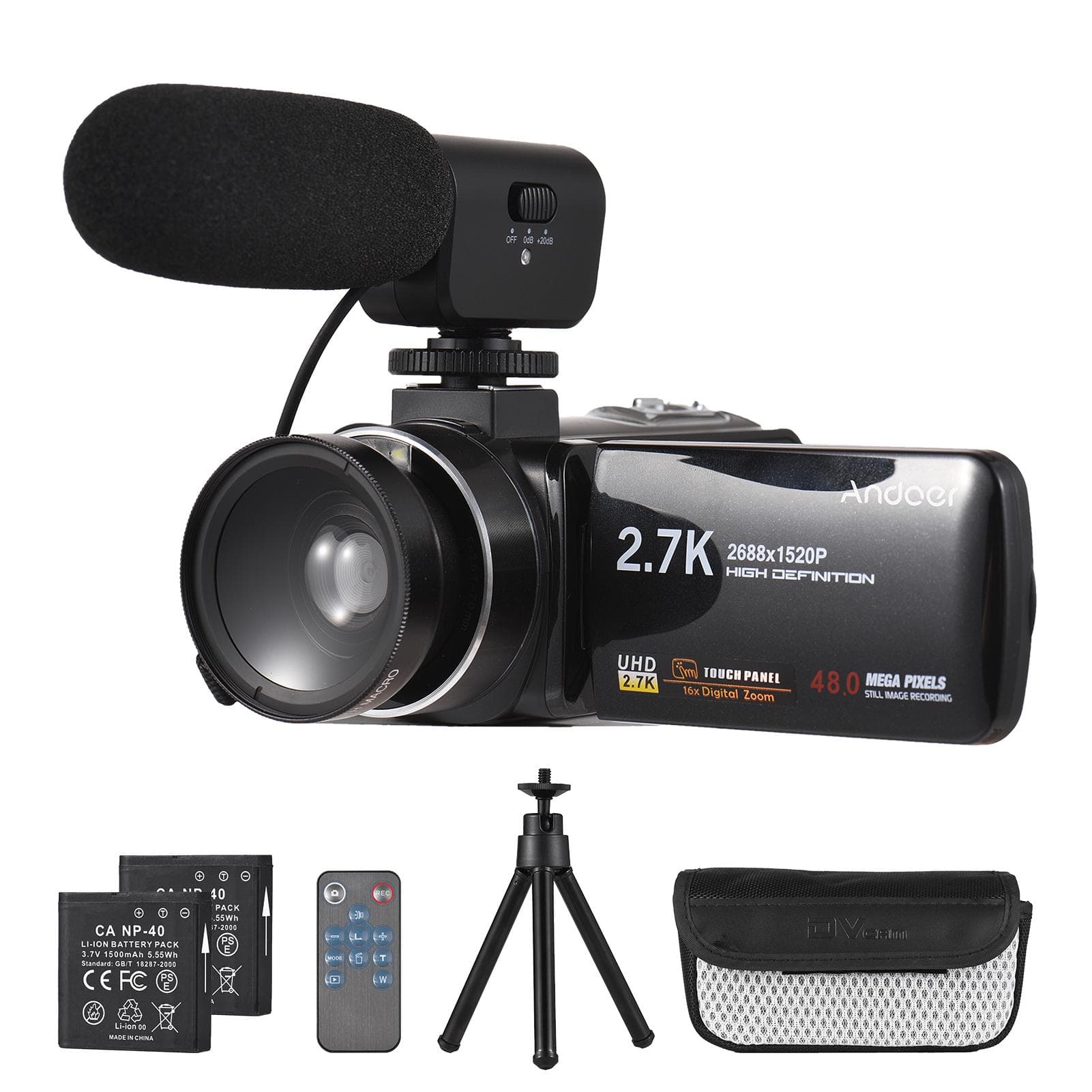 Andoer 2.7K Digital Video Camera Camcorder DV Recorder 48MP 16X Digital Zoom 3.0 Inch IPS Touch black