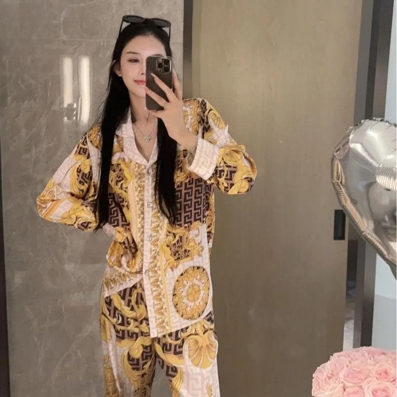 Ice Silk Pajamas New Spring and Autumn Palace Style High-end Printed Loose Casual Home Clothes XL yellow