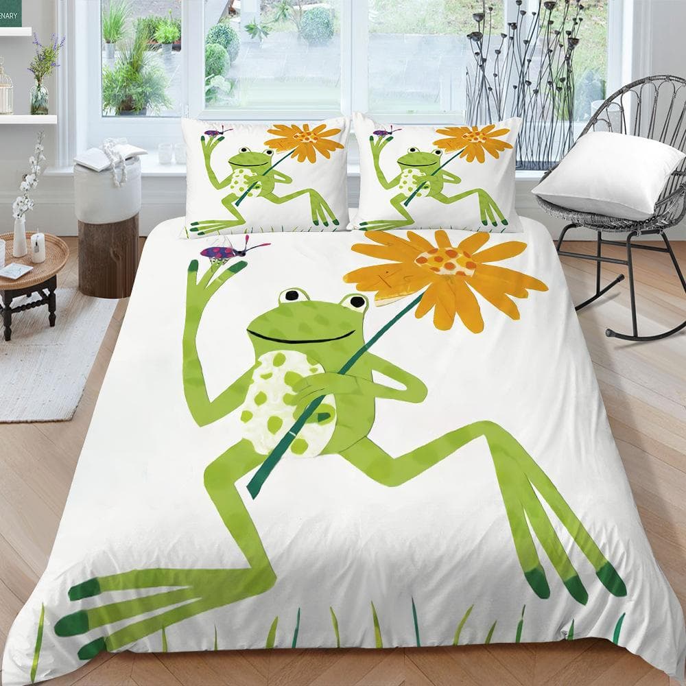 Animal Frogs Duvet Cover Set King Queen Size Green Lovely Cartoon Frog Bedding Set Kids Toad 2/3pcs Polyester Comforter Cover 70x133cm 2pcs
