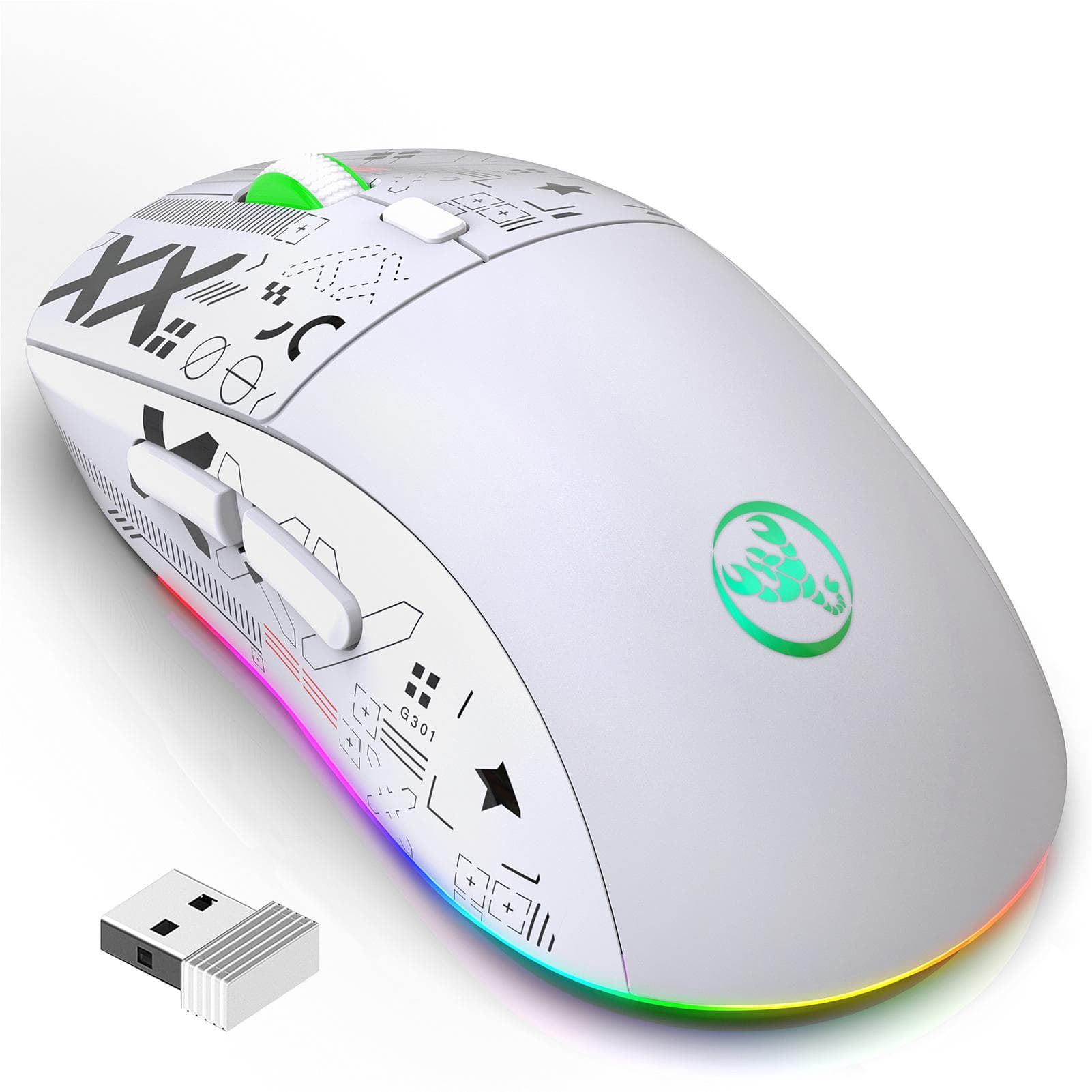 hxsj T90 2.4G Wireless Mechanical Mouse RGB Gaming Mouse Ergonomic Design 10 Million Keystroke white
