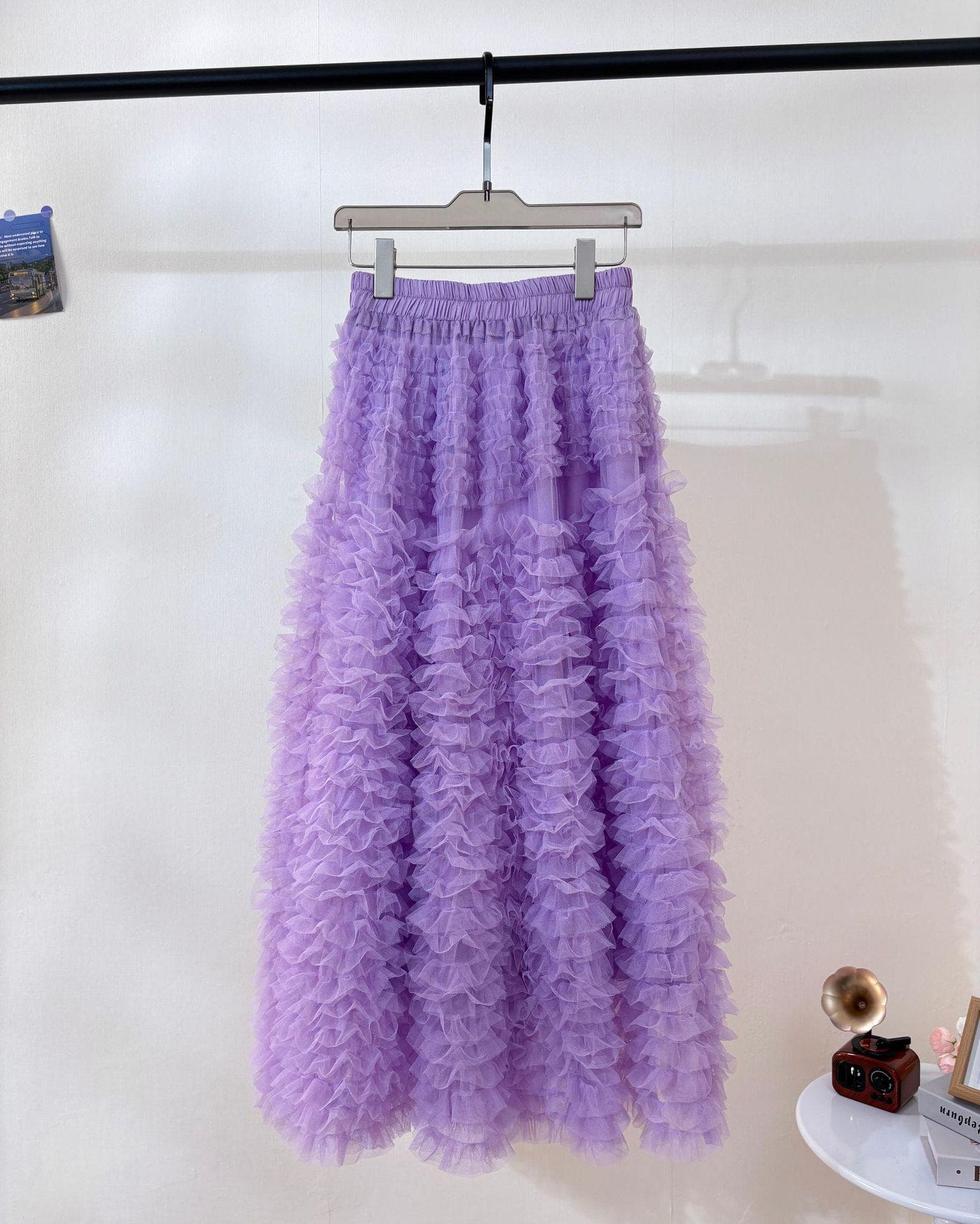 Sweet Apricot Embroidered Mesh Ruffle Midi Skirt - Fluffy, Layered and Versatile for Autumn/Winter One Size purple