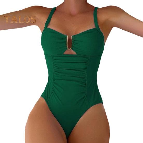 Women One-Piece Swimsuit Summer Deep V-Neck Pleated Solid Color Monokini Quick-Drying Swimwear Beachwear M green