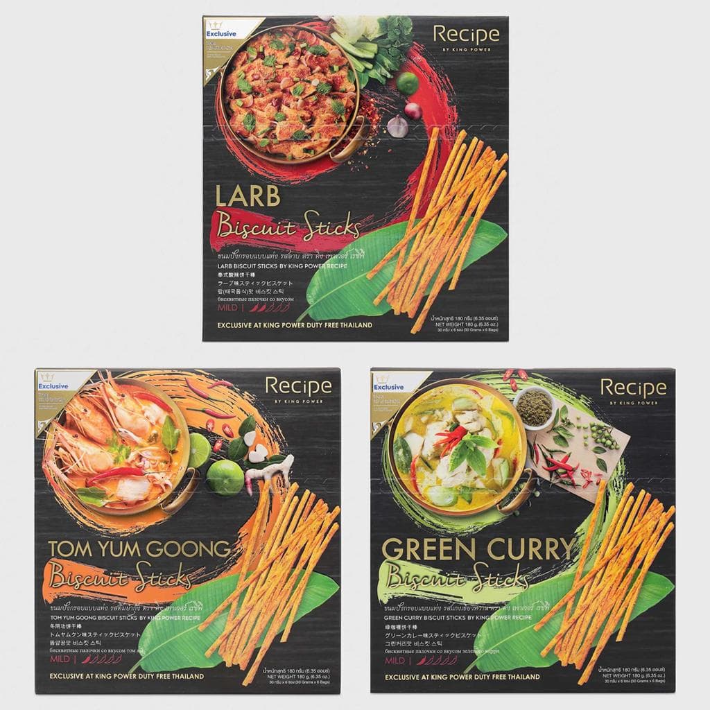 Recipe Larb & Tom Yum Goong & Green Curry Biscuit Sticks by King Powder 180 g x 3 pcs - Thai Snack 180 g x 3 pcs