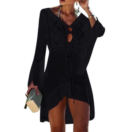 Sexy Beach Cover Up Long Sleeve Sun Protection Dress Flared Sleeves Solid Color Beach Dress for Swimming Pool