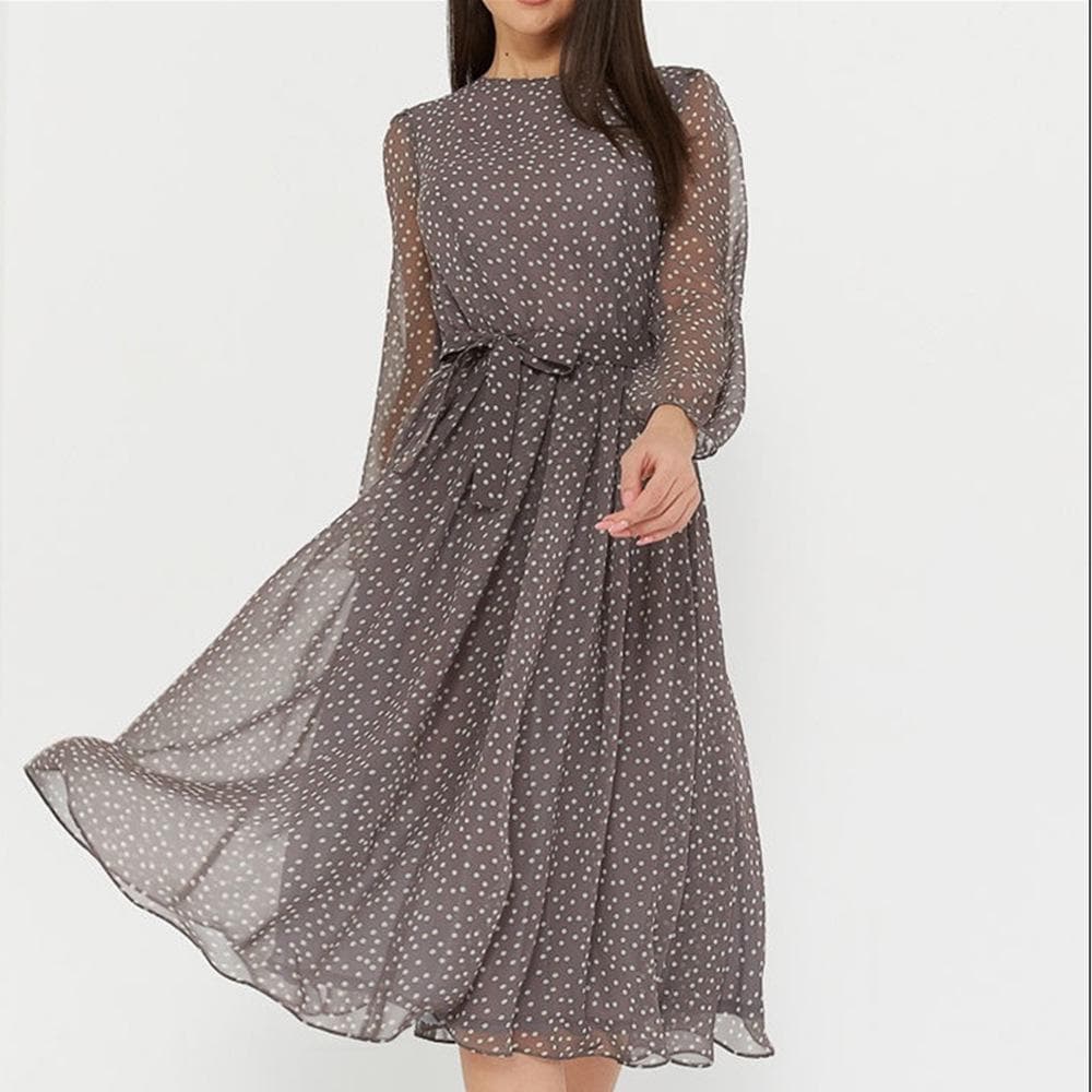 Durable Fashion Vintage Dot Printing Women Chiffon Dress 2020 Autumn Fashion Casual Dress Boho Beach Women A-line Dress XL light brown