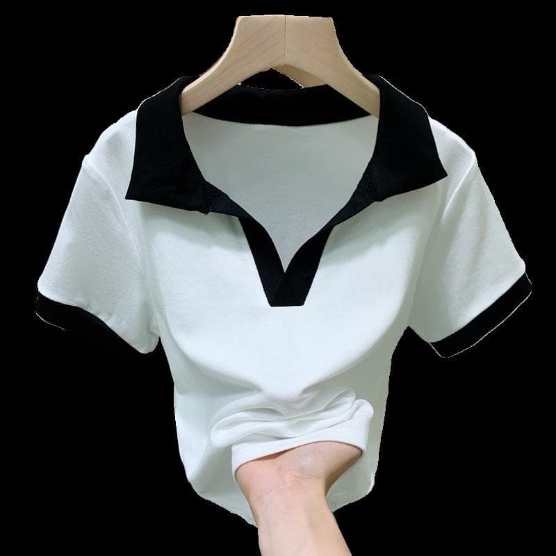 New Summer Pure Style Short V-neck Polo Shirt Top Design Niche Short-sleeved T-shirt for Women XL white