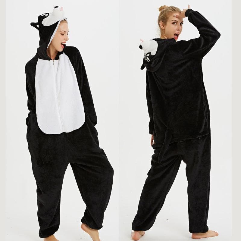 Women's Winter Robe Cartoon Animal Onesie Flannel Pajamas Zipper Loungewear Hooded Homewear M black