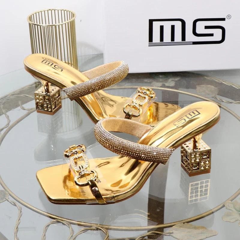 Women's Slippers Summer Fashion Transparent Belt Metal Decoration Box Shaped Square Alien Heel High Heels Wearing Sandals 39 gold