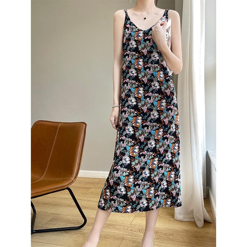 New Summer Acetate Satin Suspender Skirt for Women Sweet Floral Pure and Lustful Mid-length Dress Loose Exterior Skirt 5XL