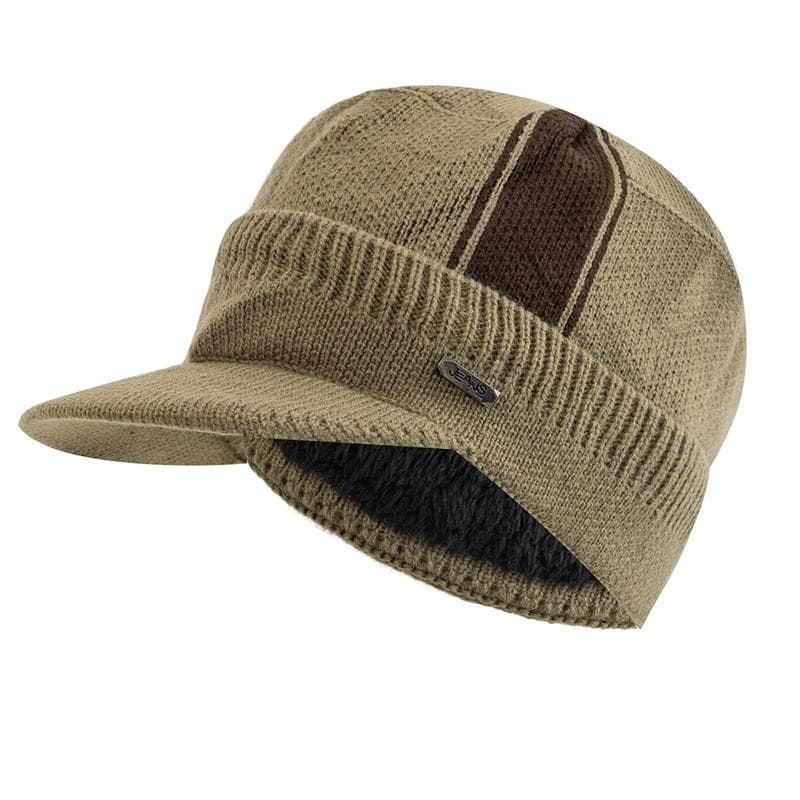 Unisex Warm Winter Hat With Brim Plush Fur Lined Beanie Hat JEANS Label Thicken Winter Hats For Men Women Outdoor Knitted Hat 56cm-60cm khaki