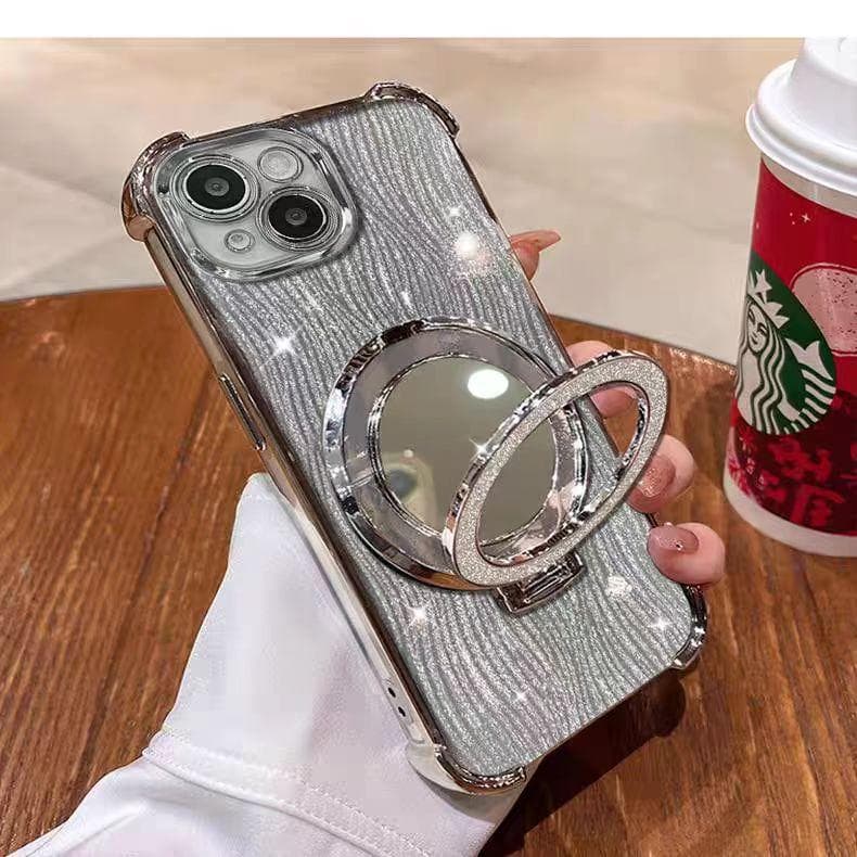 Applicable To Apple 16 Mobile Phone Case 13 Four Corner Water Corrugated Flash Powder Mirror Magnetic Suction Bracket Iphone15 Protective Cover 14 iphone 11 silver