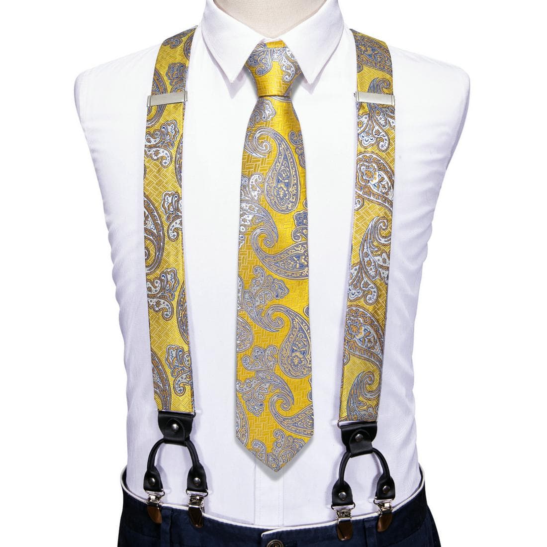 Fashion 6 Clip Men's Tie Suspenders 3.5cm Width Adjustable Elastic Strap Red Braces Suspender Silk Tie Set BJ-2039,N-1730