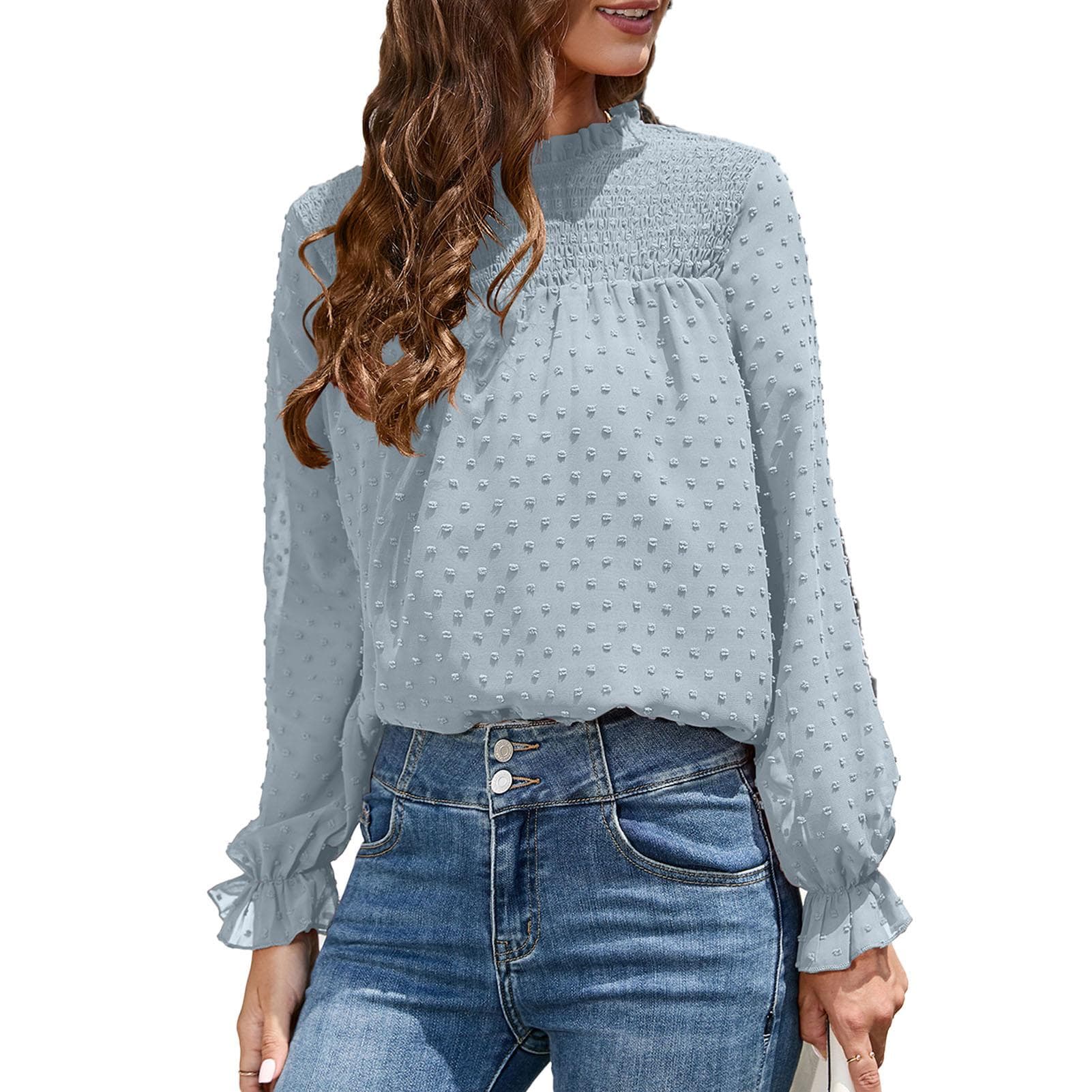 Women Ruffle Long Sleeve Shirt Casual Fashionable Crew Neck Shirred Pleated Solid Colour Top Blouse S blue