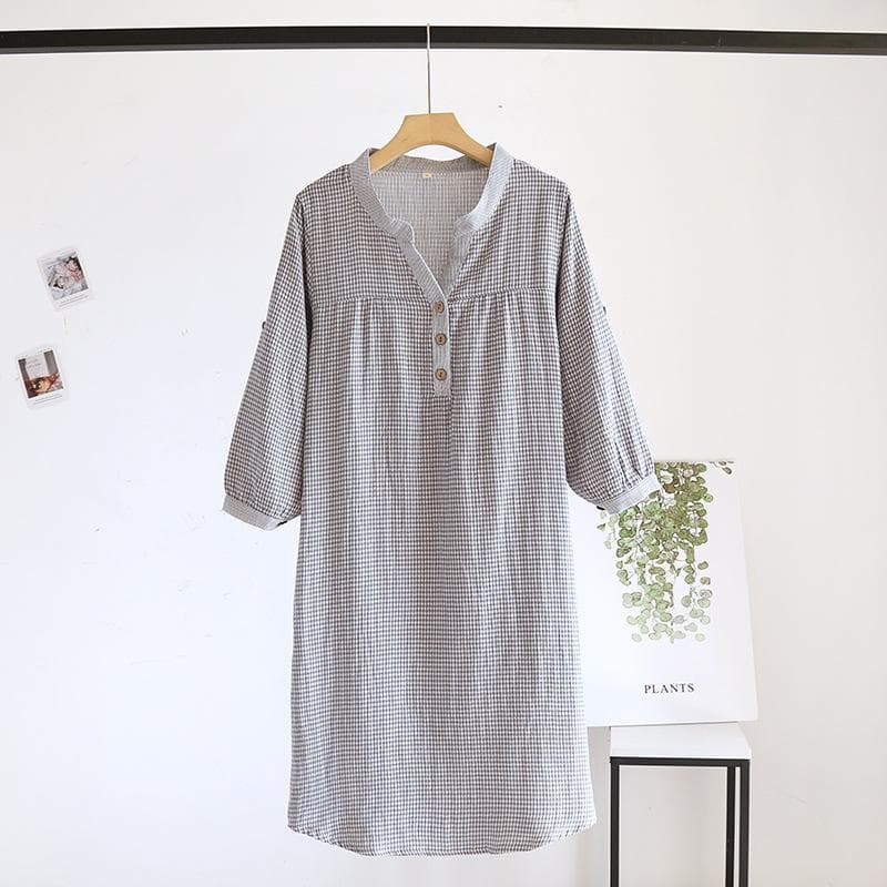 Spring and autumn new women's long skirt 100%cotton gauze plaid nightdress long-sleeved home skirt simple V-neck skirt nightgown XL grey