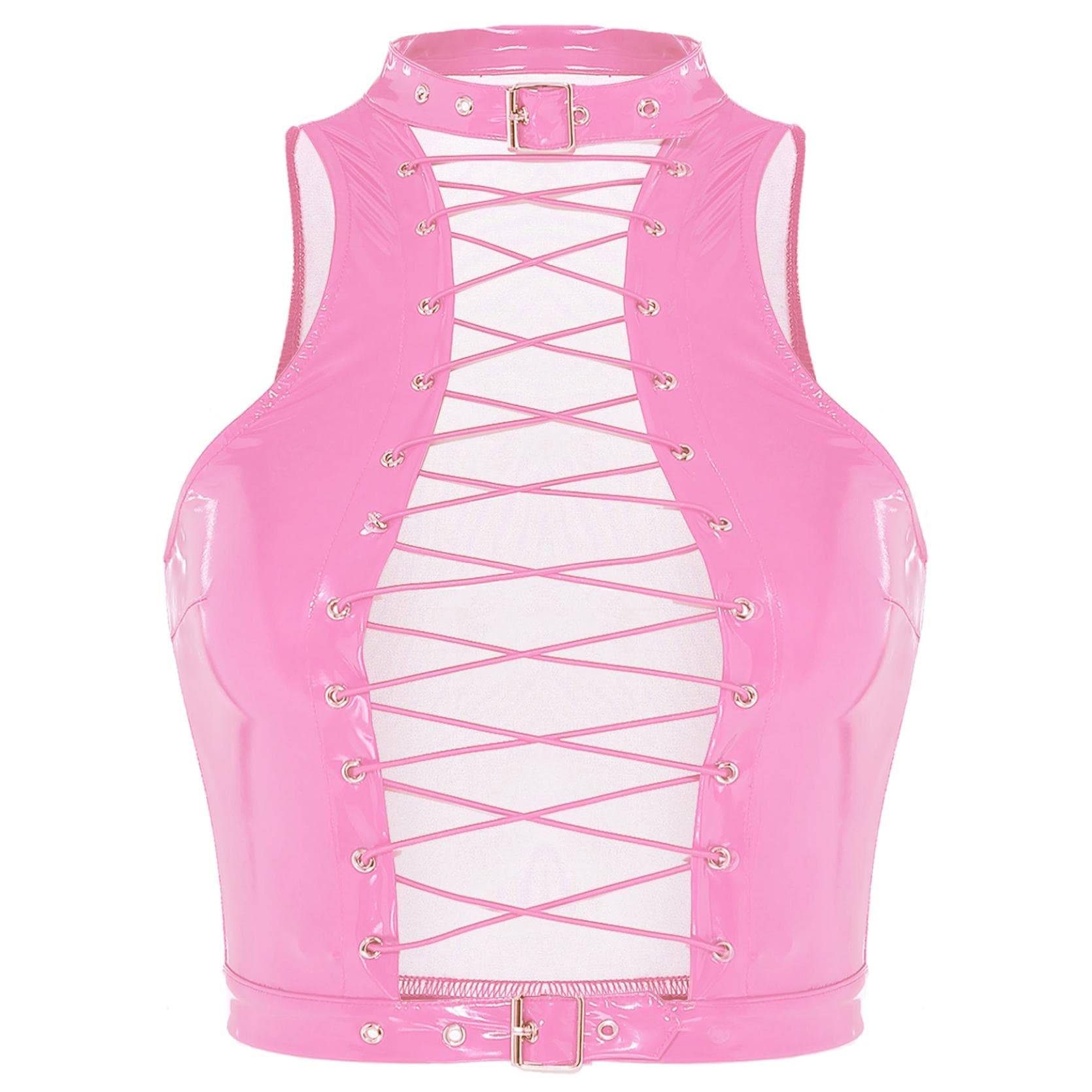 Women's Wet Look Sleeveless Bustier Gothic Punk Rave Dance Party Clubwear M pink