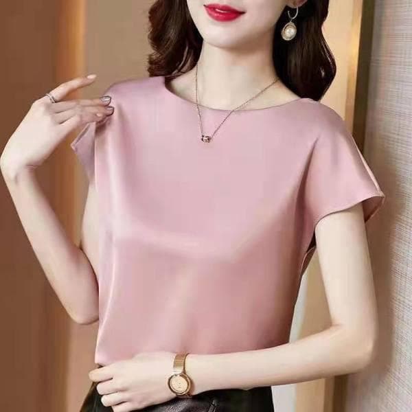 Summer Women's Fashion Comfortable Clothes Solid Color O Neck Short Sleeve Silk Top Casual Loose Satin T Shirt Plus Size Shirt L pink