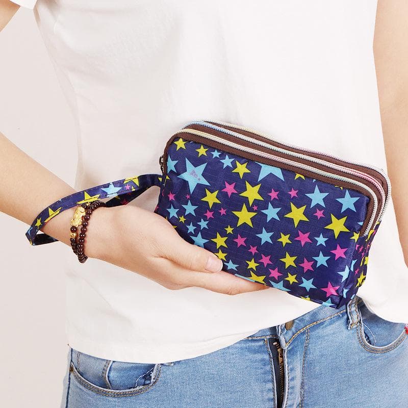 Thickened Three-layer Long Zipper Pocket Purse Women's Handbag Wrist Mobile Phone Bag Cute Washable Cloth Clutch Bag 18x6x12cm blue