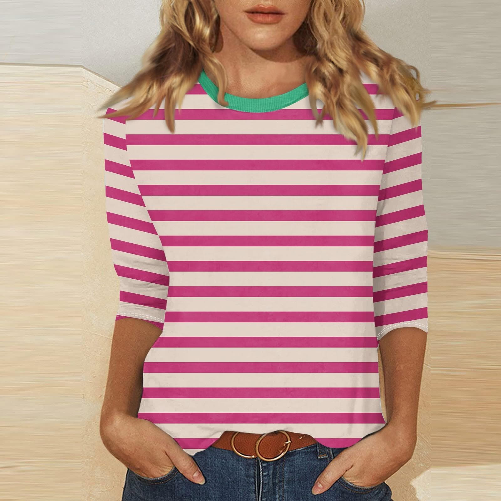 Women's Casual 3/4 Sleeve T-Shirts C Rew Neck Tops L pink
